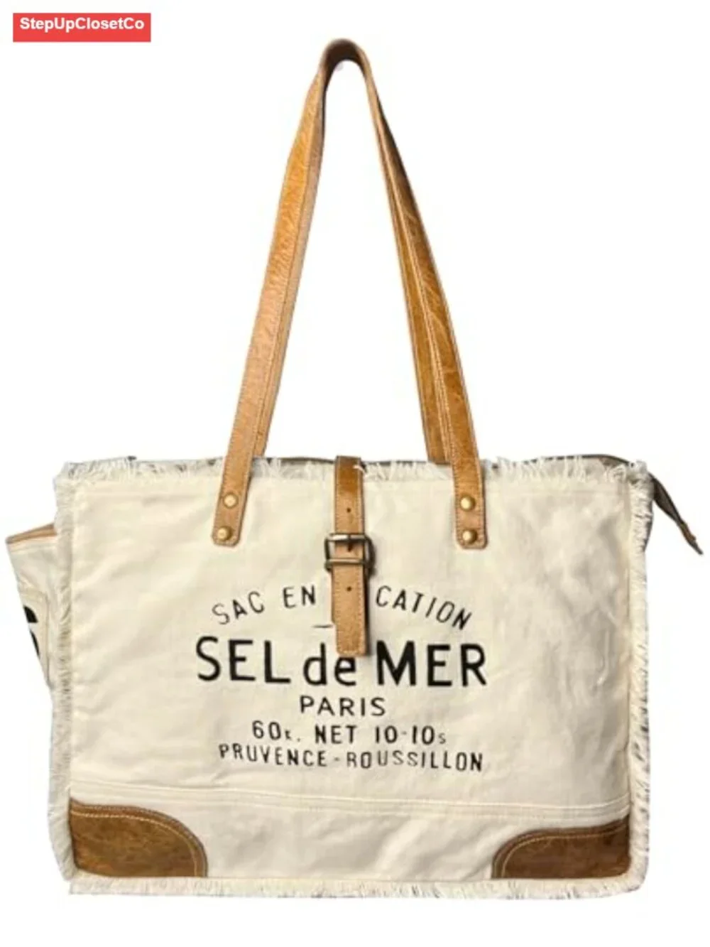 Upcycled Canvas Tote Bag with Leather Handles for Women